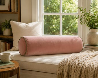 Custom Velvet Bolster Pillow Case– Colored Edge Piping, Lumbar Cover,  Adjustable Diameter & Length, Luxury Home Decor Pillow Cover