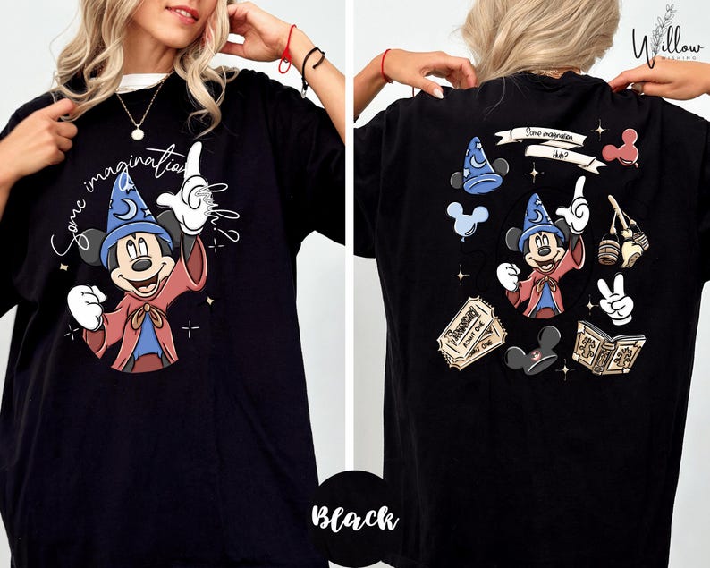 A woman wearing a black t-shirt with a graphic of Mickey Mouse and the text "Some imagination" printed on it.
