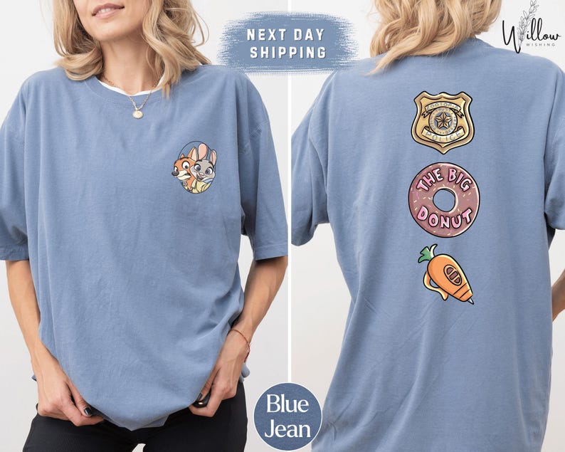 The image is a collage of two photos of a woman wearing a blue t-shirt with various cartoon-style logos and text. The woman is posing in front of a white background.