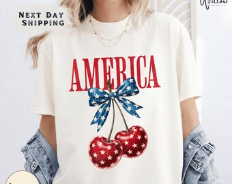4th of July Coquette Cherries USA Comfort Colors Shirt, 250th Anniversary America Bow Independence Day Shirt