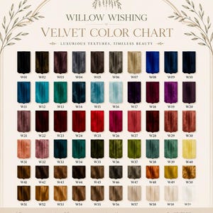 May include: A Willow Wishing velvet color chart featuring fifty-nine fabric swatches arranged in a grid. Each swatch is labeled with a code from W01 to W59, displaying a wide range of colors including black, blue, red, green, and neutral tones.