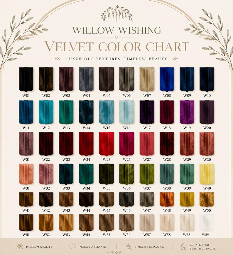 May include: A Willow Wishing velvet color chart featuring fifty-nine fabric swatches arranged in a grid. Each swatch is labeled with a code from W01 to W59, displaying a wide range of colors including black, blue, red, green, and neutral tones.