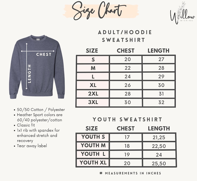 The image is a size chart for an adult/hoodie sweatshirt, providing measurements for chest, length, and size. The chart includes a diagram of the sweatshirt and the corresponding measurements for different sizes.