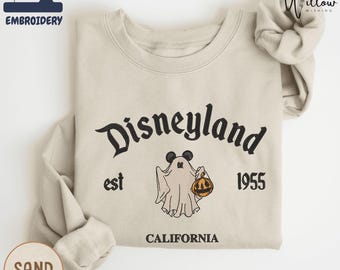 Disneyland Halloween Embroidered Sweatshirt, Mickey Ghost Embroidered Hoodie, Cute Fall Disney Sweater, Spooky Autumn Park Outfit