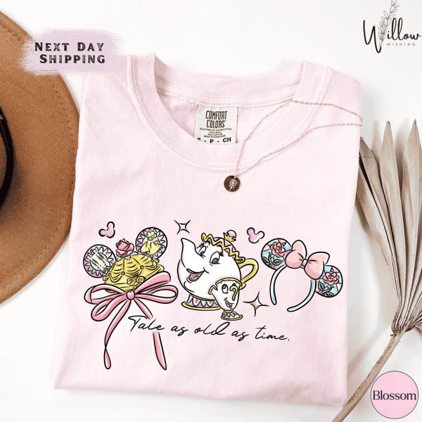 Retro Beauty and the Beast Comfort Colors Shirt, Belle Mrs Potts Chip Tee, Rose Minnie Ears Bow, Enchanted Castle Theme, Fairytale Magic Tee