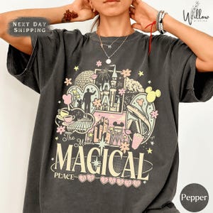 A person wearing a gray t-shirt with a colorful graphic design featuring various Disney-themed elements such as Mickey Mouse, castles, and flowers.