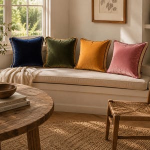 May include: Four square velvet throw pillows in navy blue, olive green, mustard yellow, and dusty rose. Each pillow features a decorative piped edge with a light-colored trim. The pillows are arranged in a row on a white cushioned bench seat.
