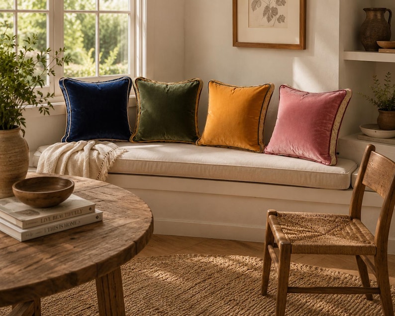 May include: Four square velvet throw pillows in navy blue, olive green, mustard yellow, and dusty rose. Each pillow features a decorative piped edge with a light-colored trim. The pillows are arranged in a row on a white cushioned bench seat.
