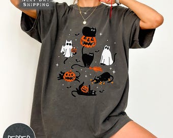 Halloween Ghost Cats Comfort Colors Shirt, Cute Cat Pumpkin Shirt, Womens Halloween Shirt, Cute Fall Shirt, Spooky Season,Gift For Halloween