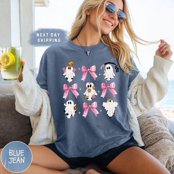 Comfort Colors Pink Cute Ghost Coquette Bow HalloweenShirt, Halloween Ghosts Tshirt, Spooky Coquette Ghost T-Shirt, Halloween Gift