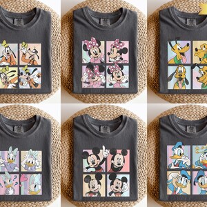 The image is a collage of six t-shirts featuring various Disney characters, including Goofy, Minnie Mouse, Donald Duck, Mickey Mouse, Donald Duck, and Donald Duck.