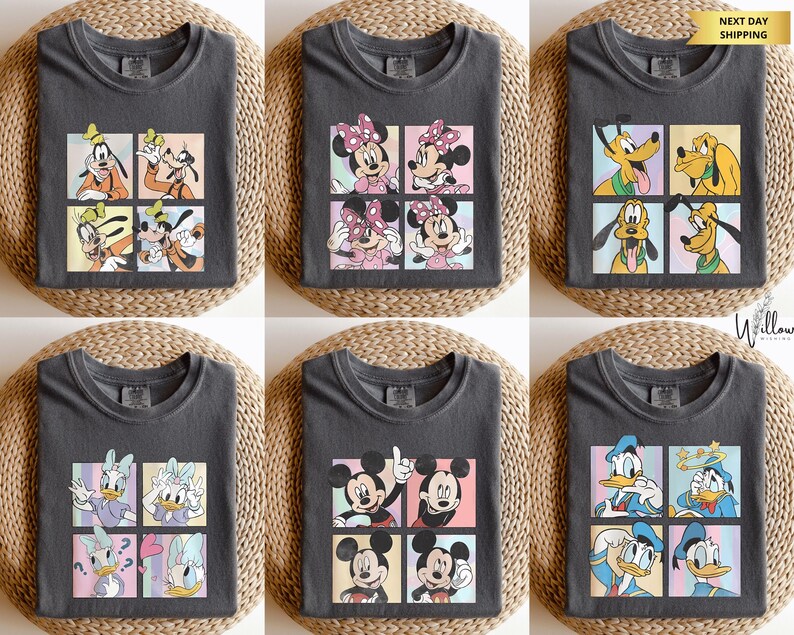 The image is a collage of six t-shirts featuring various Disney characters, including Goofy, Minnie Mouse, Donald Duck, Mickey Mouse, Donald Duck, and Donald Duck.