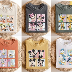 The image is a collage of six t-shirt designs featuring Disney characters, including Goofy, Minnie Mouse, Donald Duck, Mickey Mouse, Donald Duck, and Donald Duck.