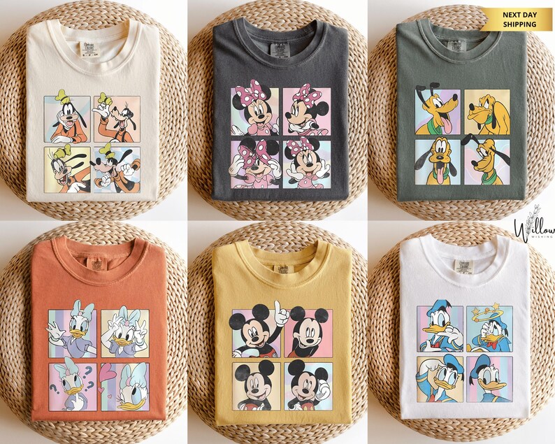 The image is a collage of six t-shirt designs featuring Disney characters, including Goofy, Minnie Mouse, Donald Duck, Mickey Mouse, Donald Duck, and Donald Duck.