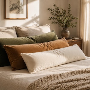 May include: Three rectangular lumbar pillows arranged in a row on a bed. The back pillow is dark olive green, the middle pillow is a warm rust brown, and the front pillow is a light cream color. All three pillows feature a soft, velvet-like texture.