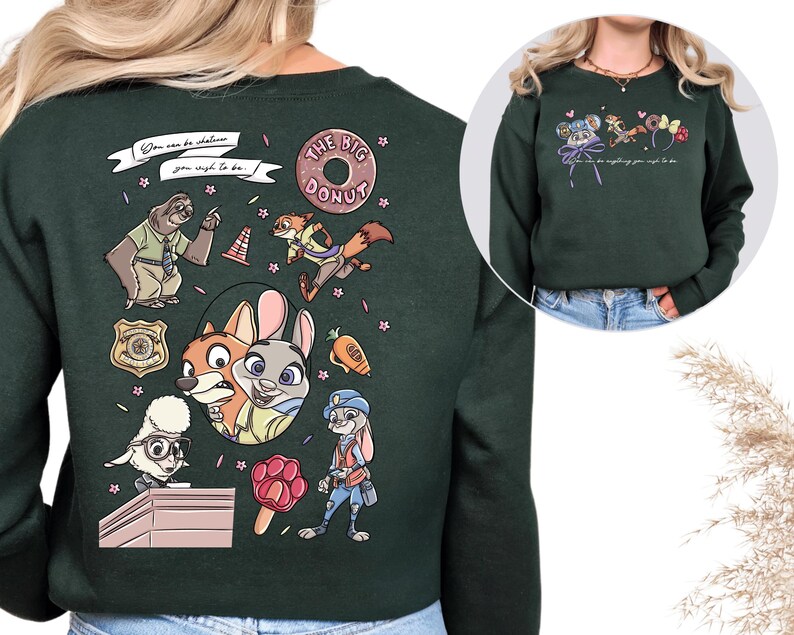 a green sweatshirt with a collage of cartoon animal characters and various other elements, including a police officer, a police dog, and a police station.