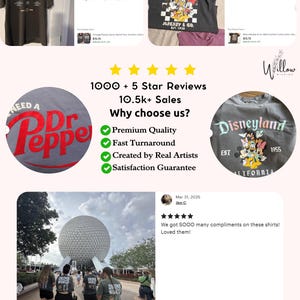 The image is a collage of various images, including a large Ferris wheel, a group of people, and a black t-shirt with Disney characters.