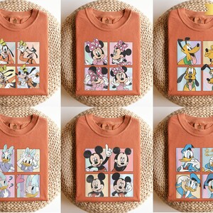 The image is a collage of six t-shirts featuring various Disney characters, including Mickey Mouse, Minnie Mouse, Donald Duck, Goofy, Donald Duck's friends, and Donald Duck's friends.