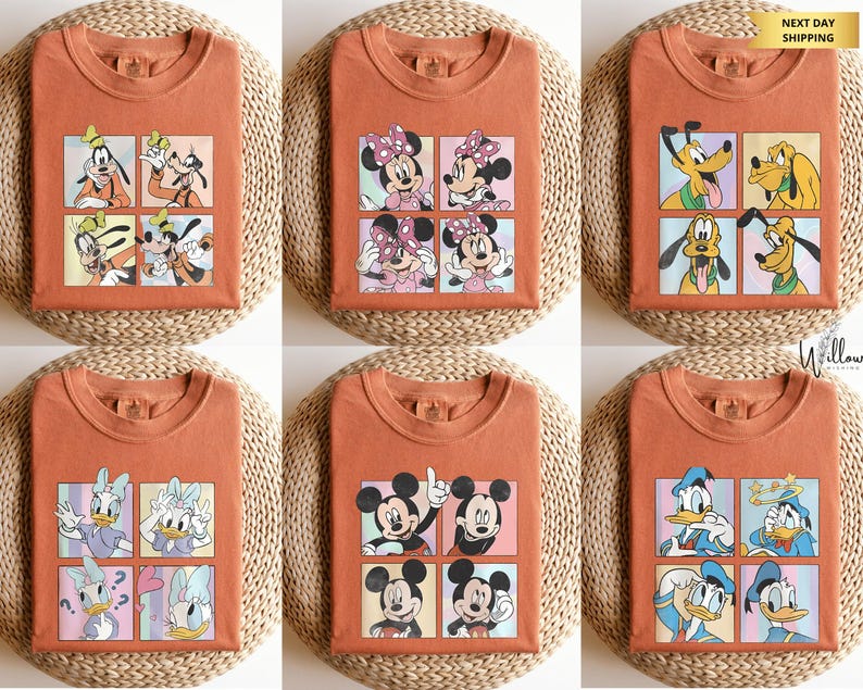 The image is a collage of six t-shirts featuring various Disney characters, including Mickey Mouse, Minnie Mouse, Donald Duck, Goofy, Donald Duck's friends, and Donald Duck's friends.