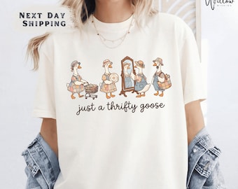 Just a Thrifty Goose Comfort Colors Shirt, Cottagecore Vintage Duck Funny Thrift Shopping Patchwork Mama Gift