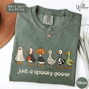 a green t-shirt with a Halloween-themed graphic design, including a skeleton, a jack-o-lantern, and a ghost. The text on the t-shirt says "Just a spooky goose".