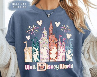 Chemise couleurs confort Walt Disney World, t-shirt vacances magiques avec feux d'artifice rétro Mickey et ses amis, château floral