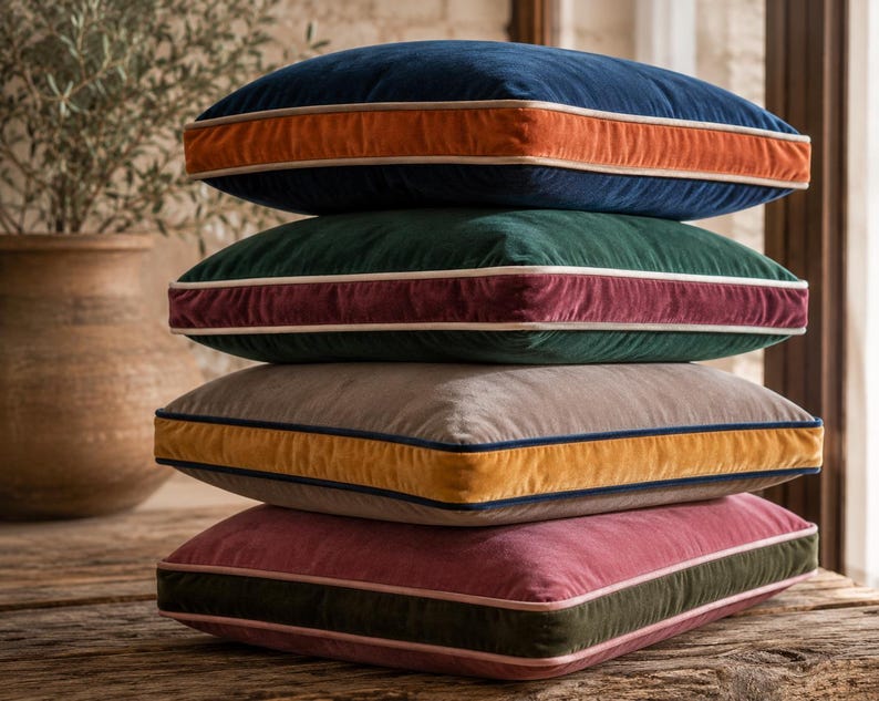 May include: A stack of four square velvet throw pillows. The top pillow is navy blue with an orange side panel. The second is dark green with a maroon side panel. The third is taupe with a mustard yellow side panel. The bottom is mauve with an olive green side panel.