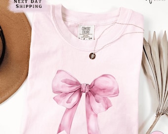 Pink Coquette Comfort Colors Shirt, Cute Pink Bow Graphic Tee, Soft Girl Aesthetic Shirt, Girly Gift for Her, Feminine Ribbon T-Shirt