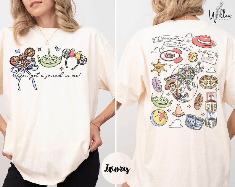 The image is a collage of two images, one showing the front and the other the back of a white t-shirt with a graphic design featuring characters from the Toy Story franchise.
