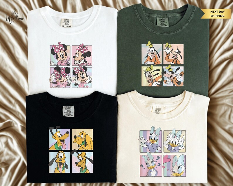 four t-shirts with different cartoon character designs, including Mickey Mouse, Minnie Mouse, Goofy, and Donald Duck.
