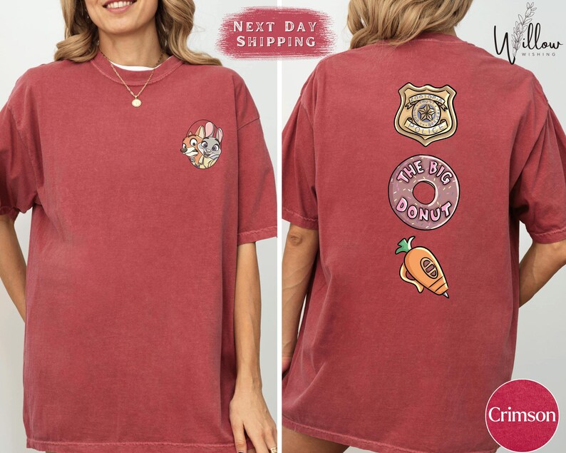The image is a collage of two photos of a person wearing a red t-shirt with various cartoon-style designs and text on the back.