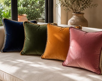 Luxurious Velvet Pillow with Double Piping – Soft Plush Home Decor Cushion, Stackable, Multiple Colors, Custom Size Handmade Accent Pillow