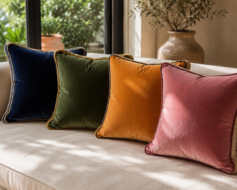May include: Four square velvet throw pillows arranged in a row. The pillows are navy blue, olive green, mustard yellow, and dusty rose pink. Each pillow features a contrasting piped edge trim along the seams, creating a defined border.