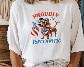 USA Flag Proudly Pawtriotic Comfort Colors Shirt for Dog Moms 4th of July Dachshund Tee Cute Independence Day Pet Shirt for Dog Lovers