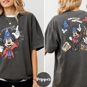 The image is a collage of two photos of a woman wearing a gray t-shirt with a graphic of Mickey Mouse and various Disney-themed elements.