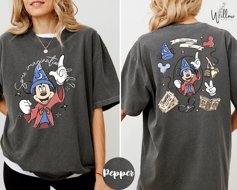 The image is a collage of two photos of a woman wearing a gray t-shirt with a graphic of Mickey Mouse and various Disney-themed elements.