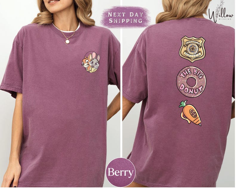 The image is a collage of two photos of a person wearing a purple t-shirt with various cartoon-style designs and text.