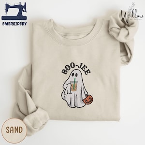 Sweat-shirt brodé fantôme café de la saison effrayante, sweat à capuche d'Halloween Boo Jee, pull mignon citrouille d'automne, chemise cadeau automne confortable