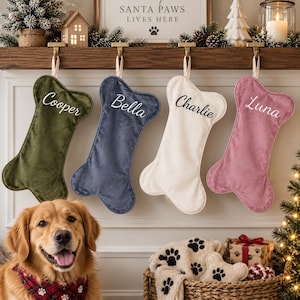 May include: Four bone-shaped Christmas stockings hanging from a wooden mantel. The stockings are olive green, navy blue, cream, and dusty rose, each embroidered with the names Cooper, Bella, Charlie, and Luna in a white or black script font.