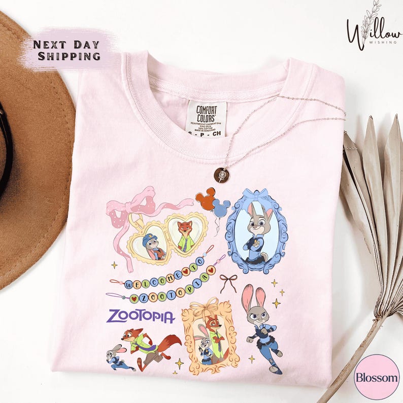 a pink t-shirt with various cartoon animal characters, including a rabbit, fox, and duck, along with other colorful illustrations. The t-shirt is displayed on a white background, and there is a hat and some decorative elements in the background.