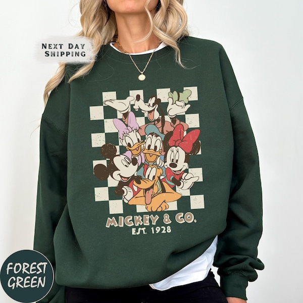 Sudadera vintage de Mickey & Co. de 1928 con cuello redondo, Mickey y sus amigos, suéter retro de Disneyland, regalo familiar de Disney, sudadera de Disneyworld