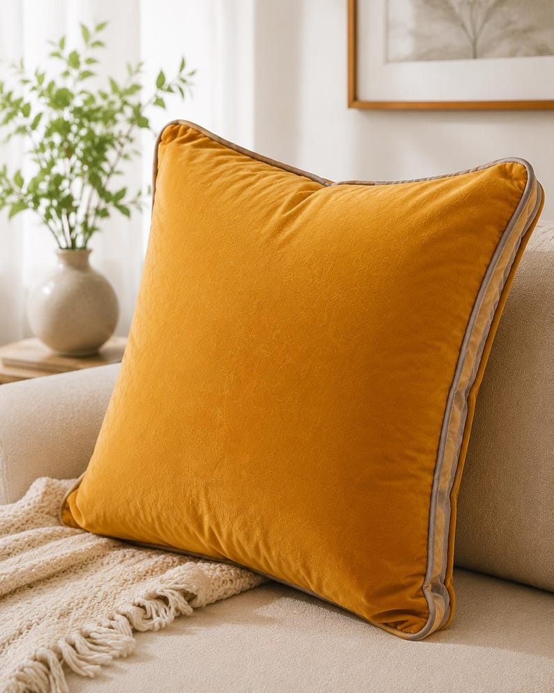 May include: A square mustard yellow velvet throw pillow featuring a smooth, solid-colored front and back. The pillow is finished with a light beige piping trim along all four edges, providing a clean, structured border to the soft fabric surface.