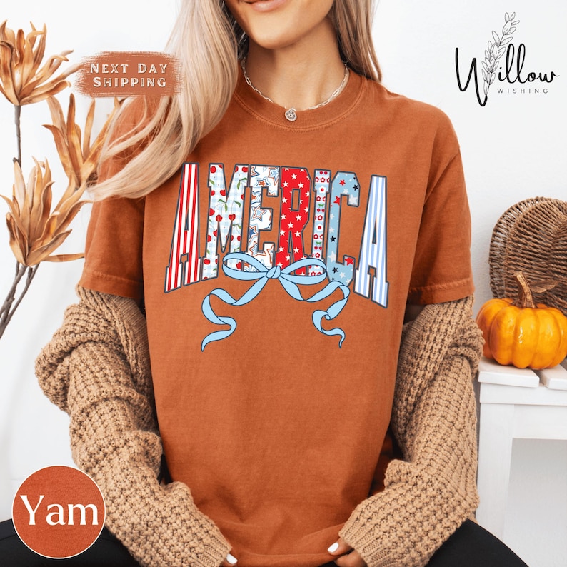 A woman wearing a brown t-shirt with the word "AMERICA" printed on it, along with a ribbon design. She is also wearing a beige sweater and has her hair blowing in the wind. There are some decorative elements in the background, such as a pumpkin and dried flowers.