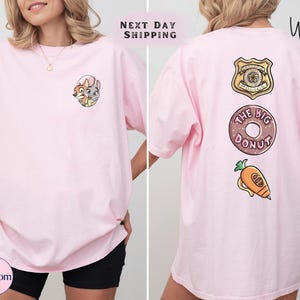 The image is a collage of two photos of a woman wearing a pink t-shirt with various cartoon and food-related designs.