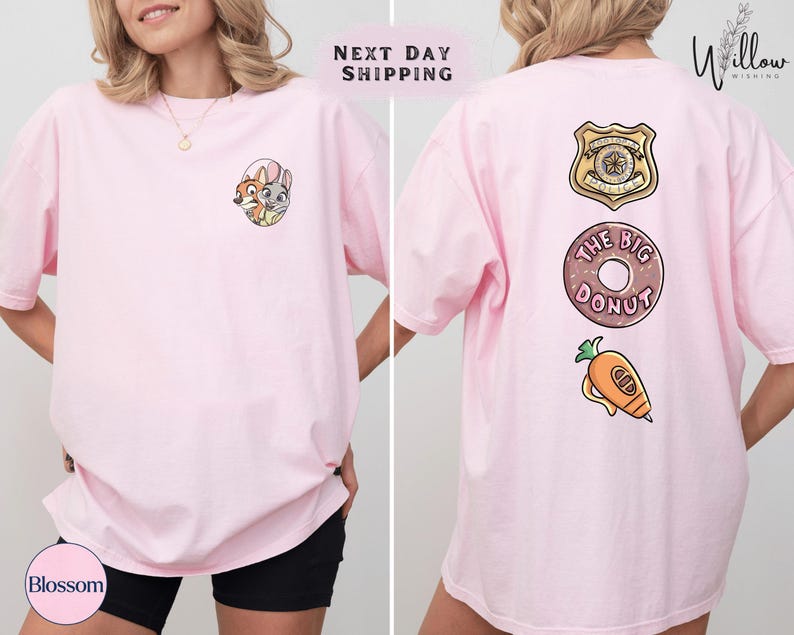 The image is a collage of two photos of a woman wearing a pink t-shirt with various cartoon and food-related designs.