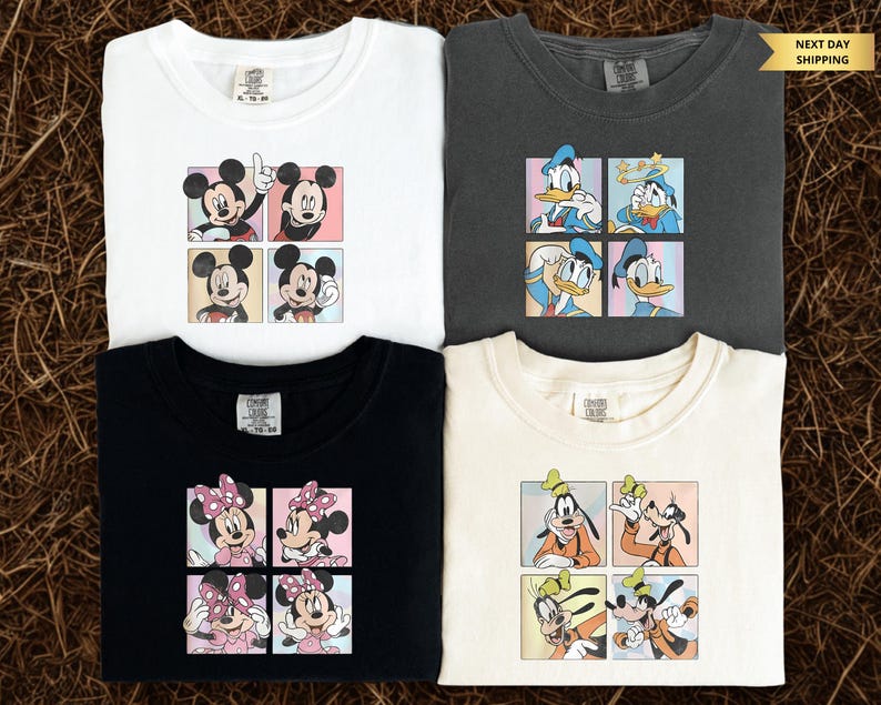 four t-shirts with cartoon character designs, including Mickey Mouse, Minnie Mouse, Goofy, and Donald Duck.