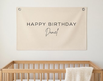 Personalized Birthday Banner, Custom Name Canvas Flag, Happy Birthday Sign, Minimal Party Decor