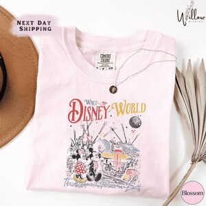 a pink t-shirt with a Disney World-themed graphic, including Minnie Mouse and Mickey Mouse, along with a necklace and a hat.
