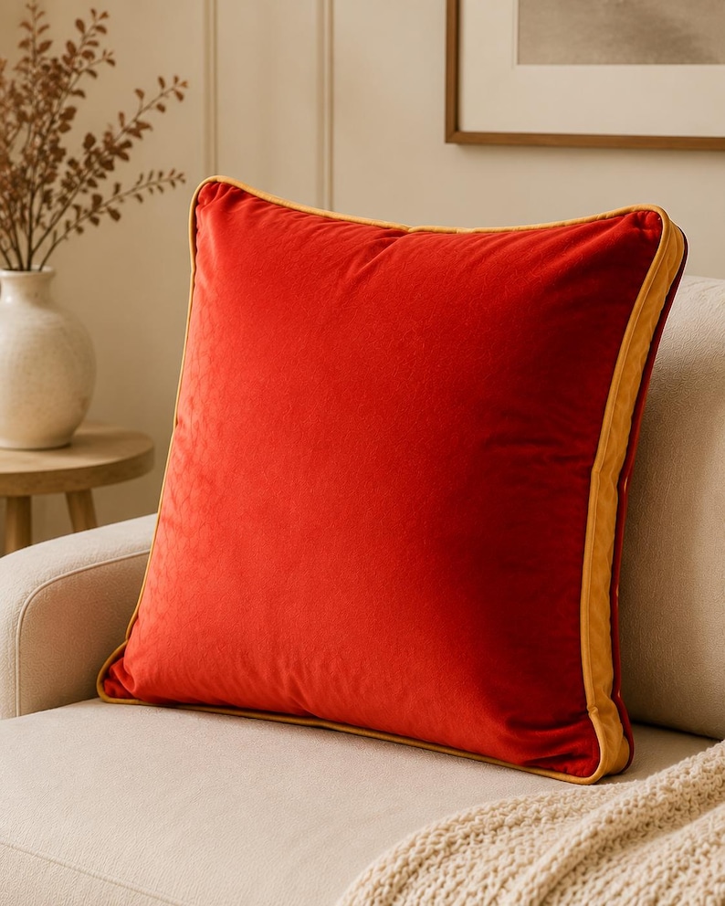 May include: A square throw pillow featuring a vibrant red velvet fabric on the front and back, accented with a contrasting mustard yellow piping trim along all four edges. The pillow has a soft, plush texture and a clean, simple square shape.