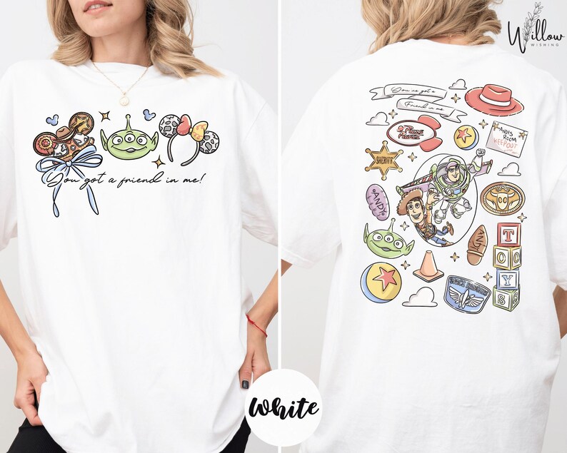 The image is a collage of two white t-shirts, each featuring a different cartoon character and various cartoon-related items.